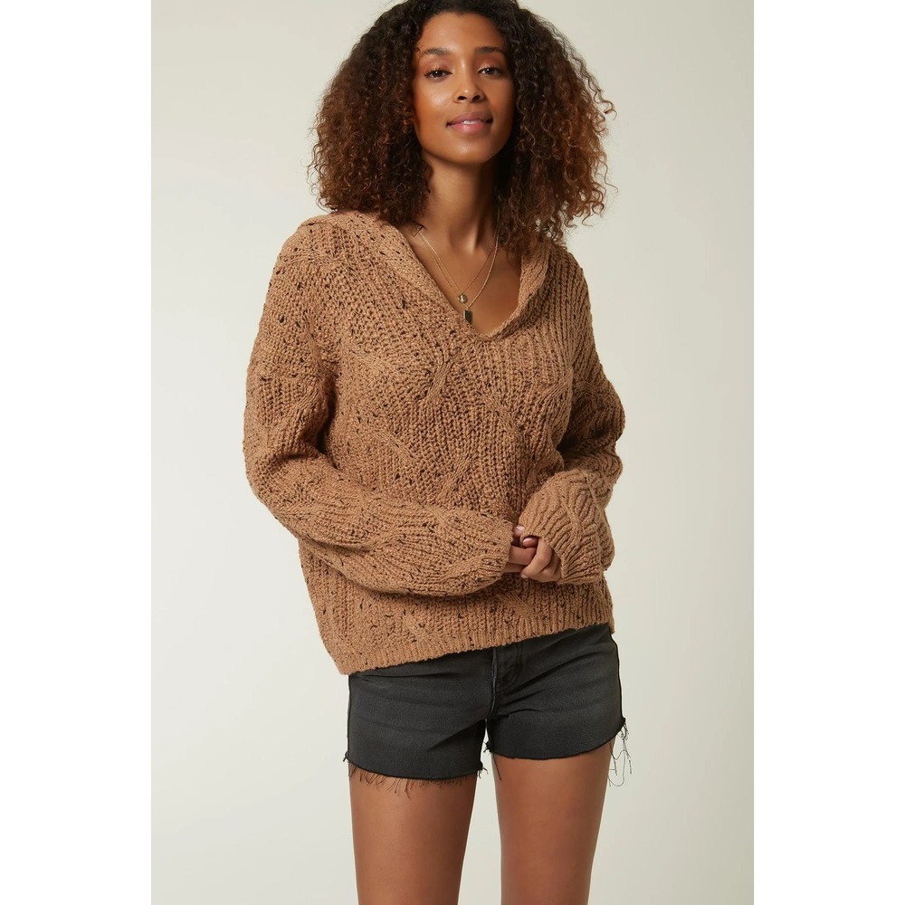 ONEILL Serefina Hooded Sweater M/L Camel Brown Chunky Knit V-Neck Boho Coastal